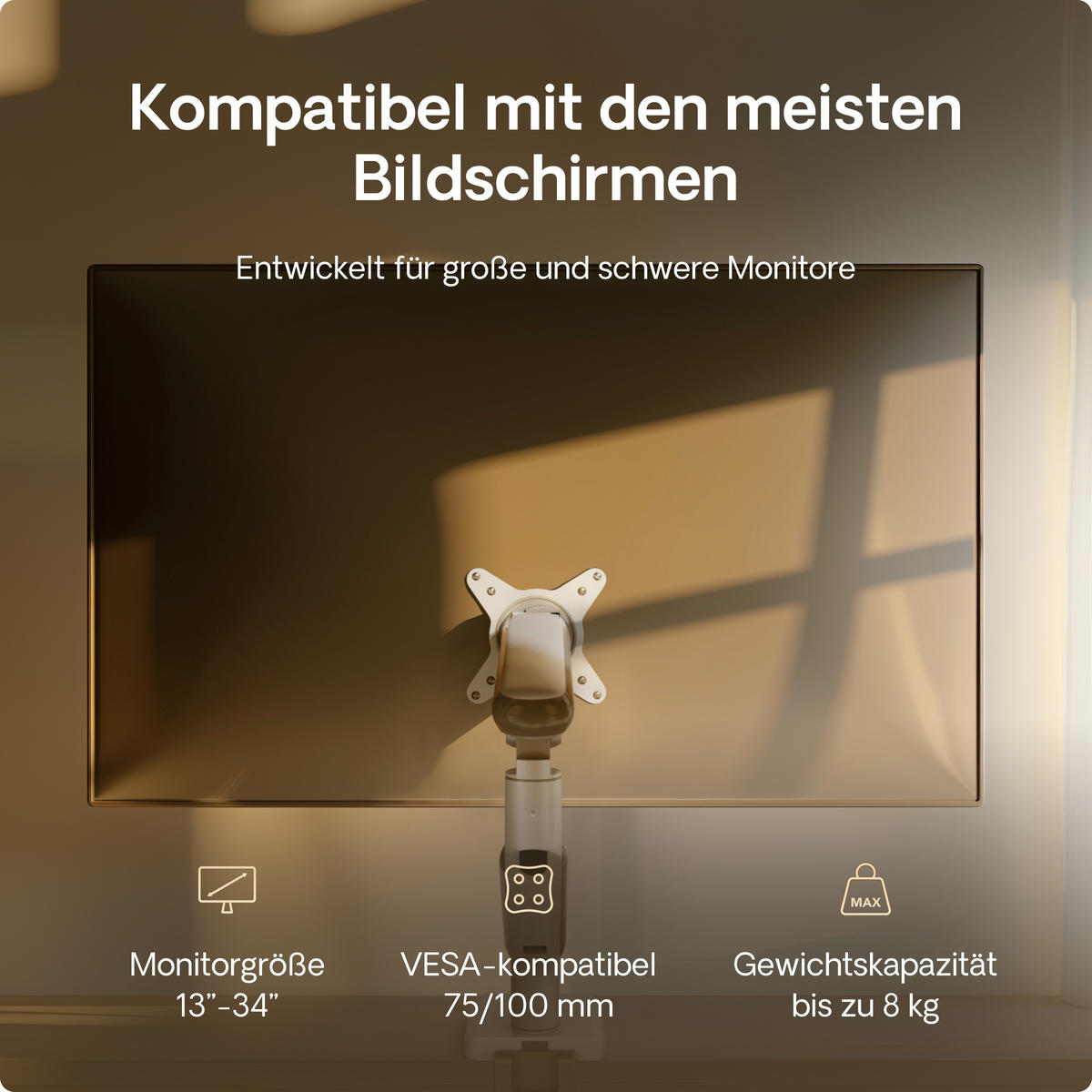 MONITORHALTERUNG, Weiß, Tischhalterung für 1 Monitor 17"-32", VESA 75x75mm, VESA 100x100mm - Schwarz, Kunststoff/Metall (55.9/11.5/60cm) - Desktronic