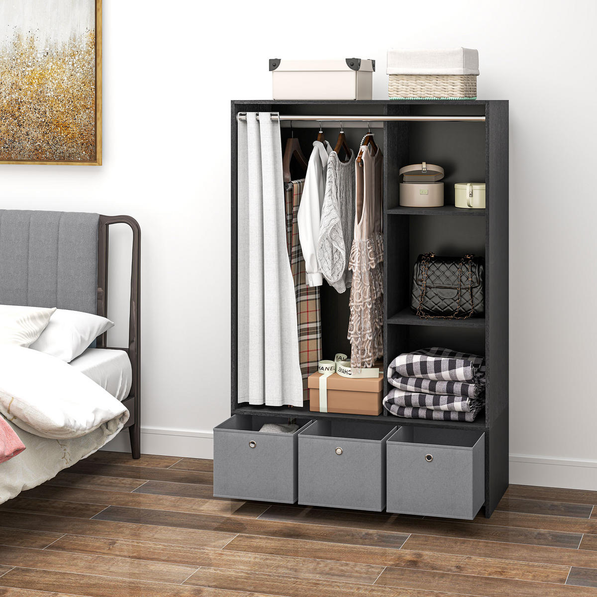 STOFFSCHRANK DE-17181 Schwarz - Schwarz, Holzwerkstoff (48/160/105cm) - ComfortXL