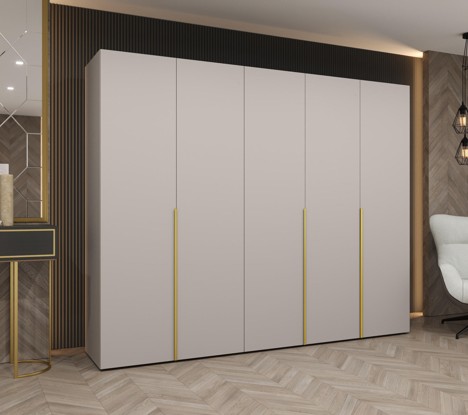 DREHTÜRENSCHRANK 202/250/52 5-türig - Kaschmir/Goldfarben, Holz (250/202/52cm) - Abiks Möbel