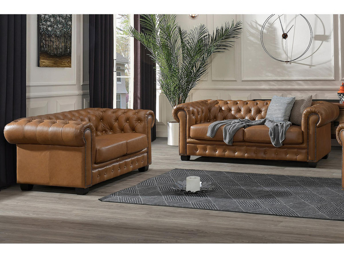 COUCHGARNITUR ohne Schlaffunktion - 5 Personen-Sitzer - Leder - Camel - - Braun, Leder (201/73/96cm) - Vente-Unique