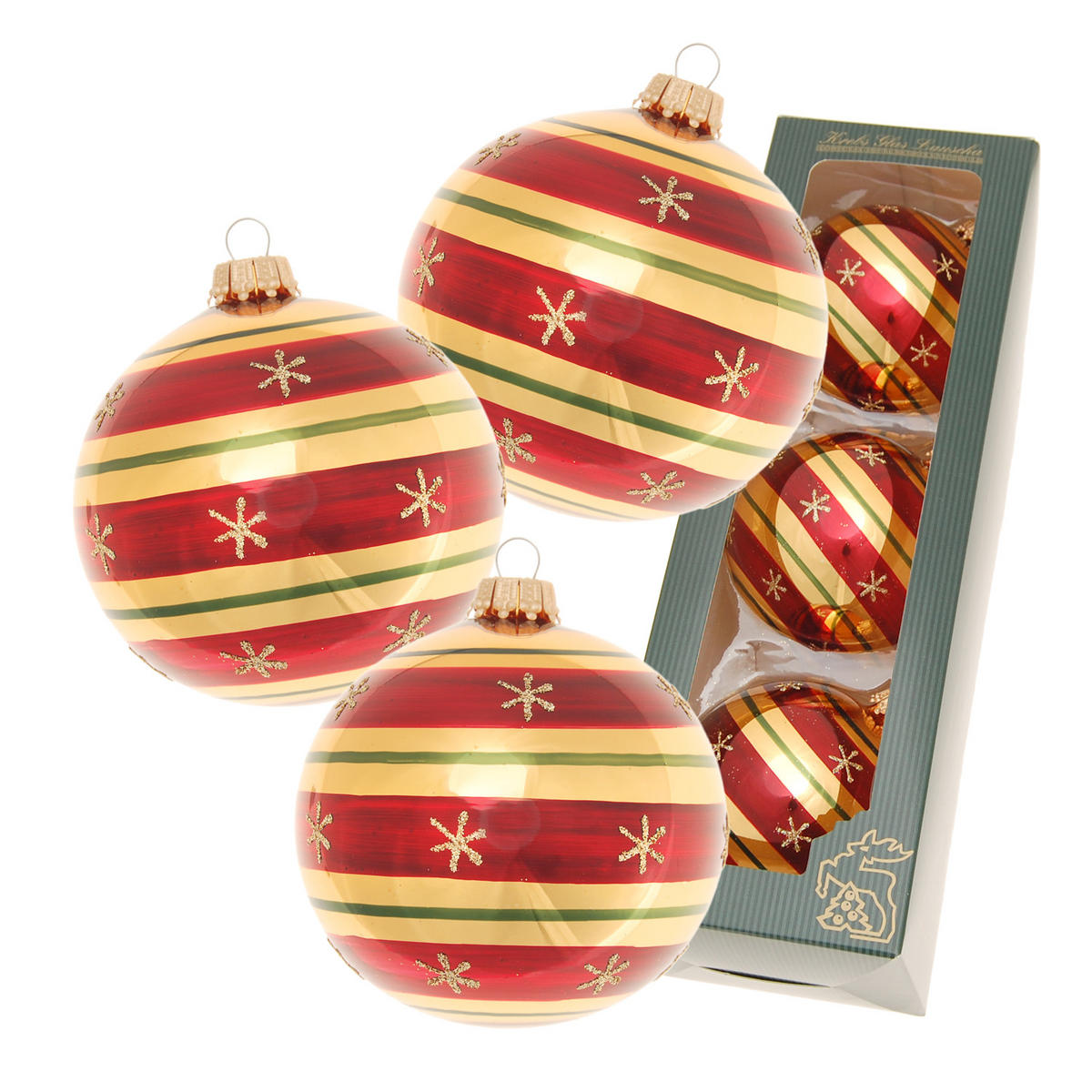 CHRISTBAUMKUGELN Streifen und Schneeflocken Goldfarbig 8cm (Glas / 3 Stk.) - Goldfarben, Glas (7/8/7cm) - Krebs Glas Lauscha