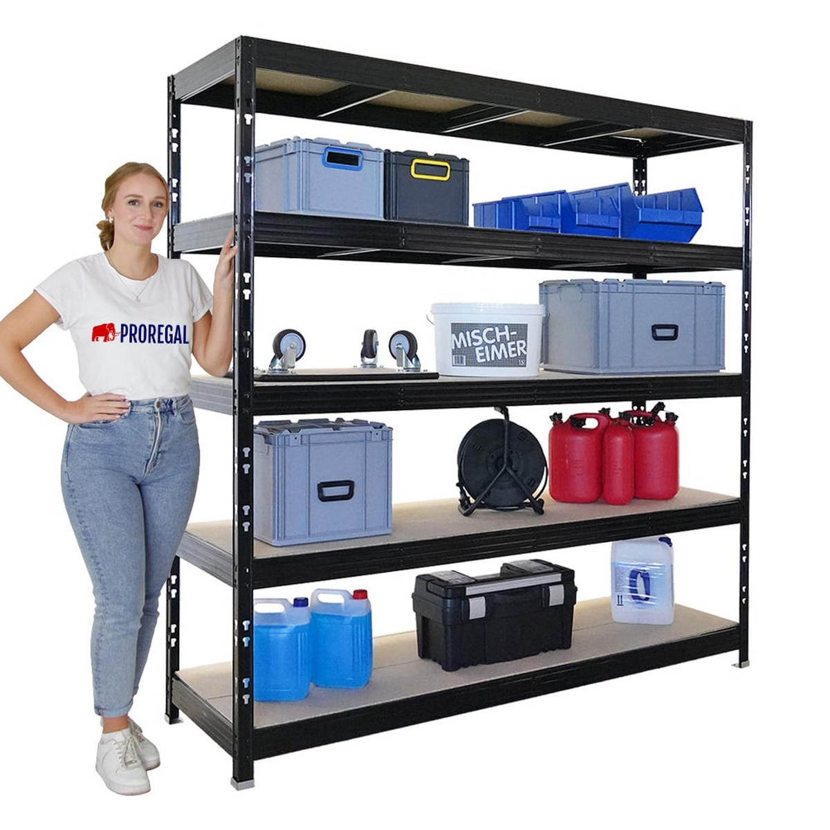 SCHWERLASTREGAL Rhino 200x200x60 cm 5 Spanplatten-Ebenen 8mm Fachlast 500 kg Schwarz - Schwarz, Metall (200/200/60cm) - PROREGAL