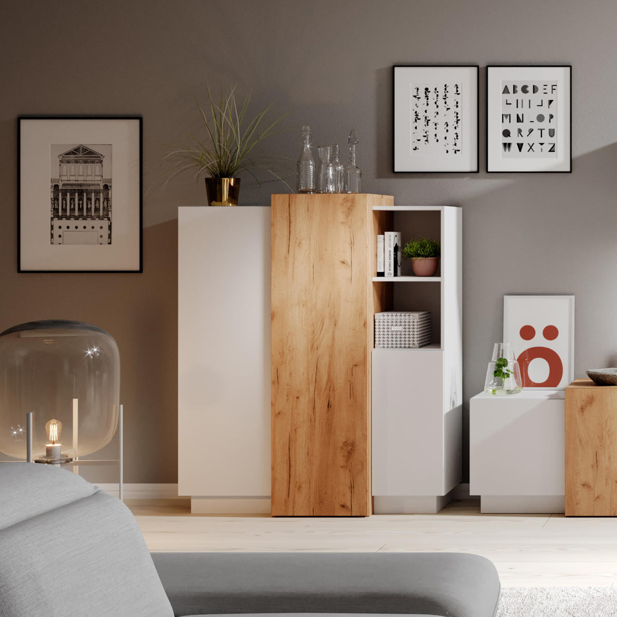 HIGHBOARD TRES 110/134/45 cm mit 3 Türen Weiß - Orange/Weiß, Holzwerkstoff (110/134/45cm) - MASSENO