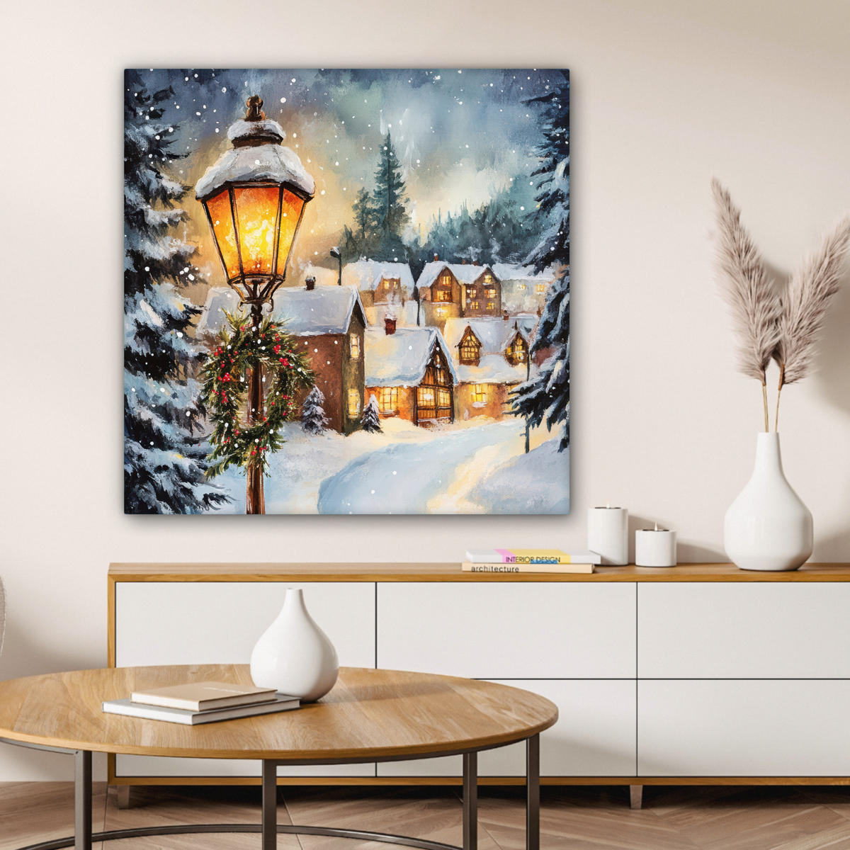 LEINWANDBILD Weihnachtsdorf - Häuser - Schnee - Weihnachten 90x90 cm - Sandfarben, Textil (90/90cm) - MuchoWow