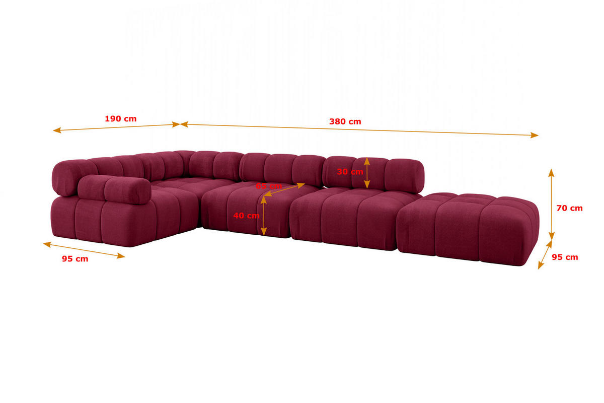ECKSOFA modulares Sofa Felto-L2 - 380x190x70 cm Bordeauxrot Velours - Bordeaux, Holzwerkstoff/Textil (380/190cm) - ALTDECOR