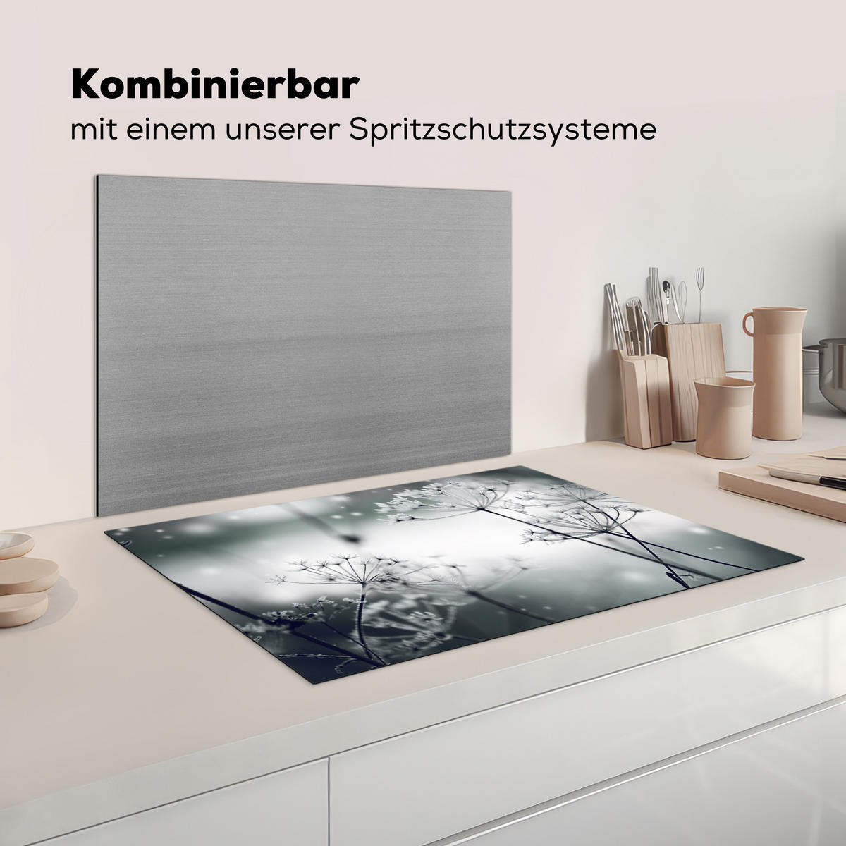HERDABDECKPLATTE Blumen - Winter - Schnee - Natur Ceranfeldabdeckung 76x51.5 cm - Grau, Kunststoff (76/51.5/0.2cm) - MuchoWow