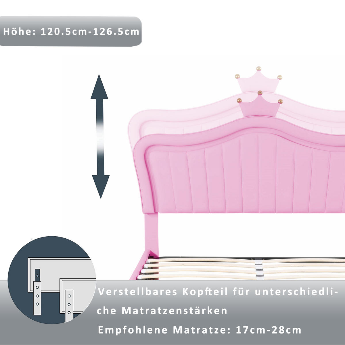 KINDERBETT 140x200 cm LED Krone rosa - Rosa, Textil (140/200cm) - LEBENLANG