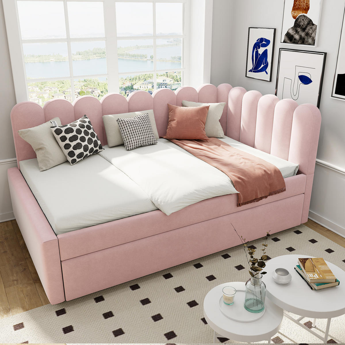 BETT aus Samtstoff 140x200 cm Rosa mit Ausziehbett, L-Form und blütenblattförmiger Rückenlehne - Rosa, Leder (140/200cm) - Modfu