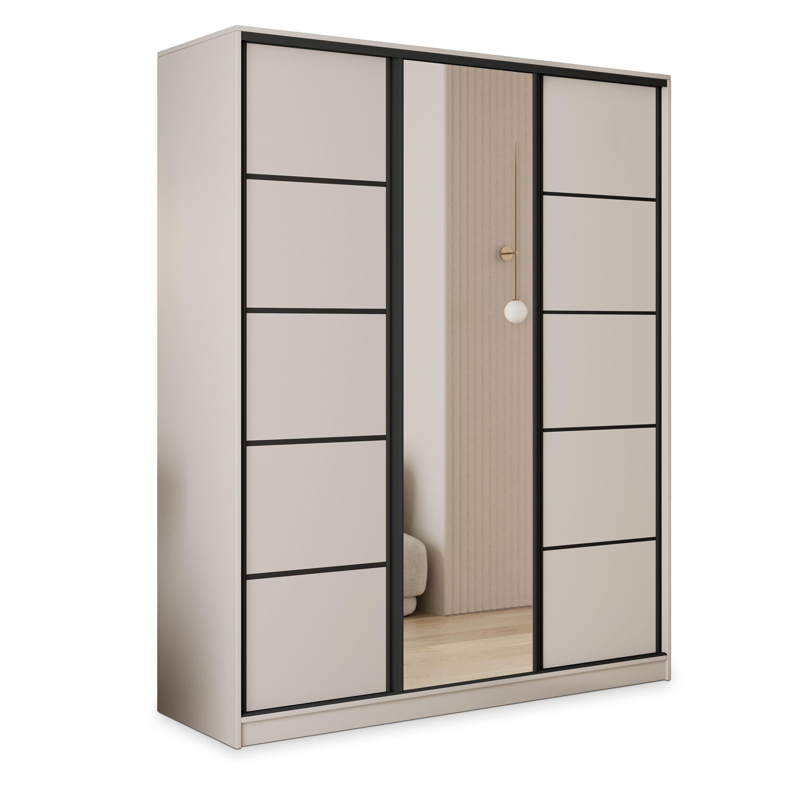 SCHWEBETÜRENSCHRANK PINA 160/205/58 cm 3-türig mit Spiegel und 4 Schubladen Kaschmir - Kaschmir, Holzwerkstoff (160/205/58cm) - MASSENO