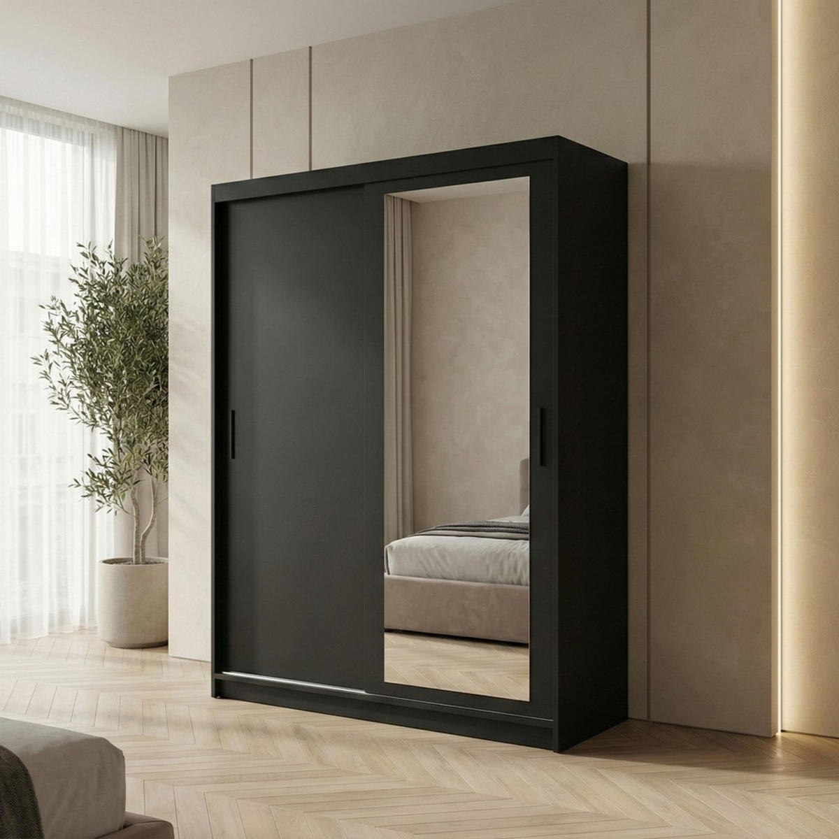 SCHWEBETÜRENSCHRANK Hela 120/205/60 2-türig schwarz mit Schubladen - Schwarz, Holzwerkstoff (120/205/60cm) - Beautysofa