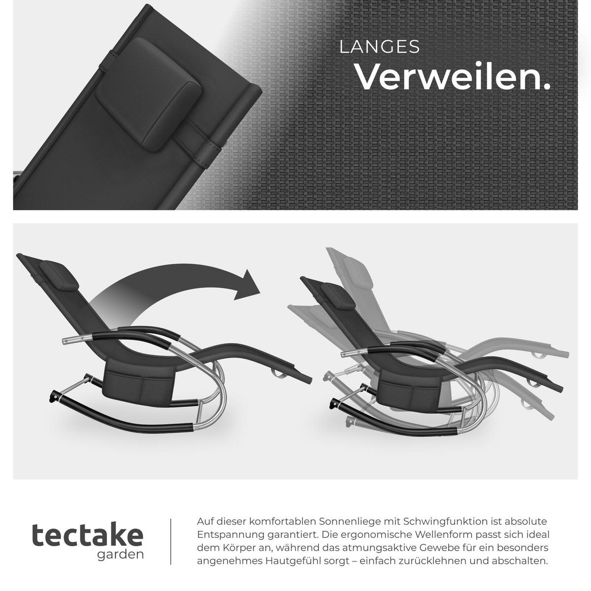 GARTENLIEGE Taya, abnehmbares Kopfpolster, seitliche Aufbewahrungstasche, schwarz - Schwarz, Kunststoff (62/92/142cm) - tectake