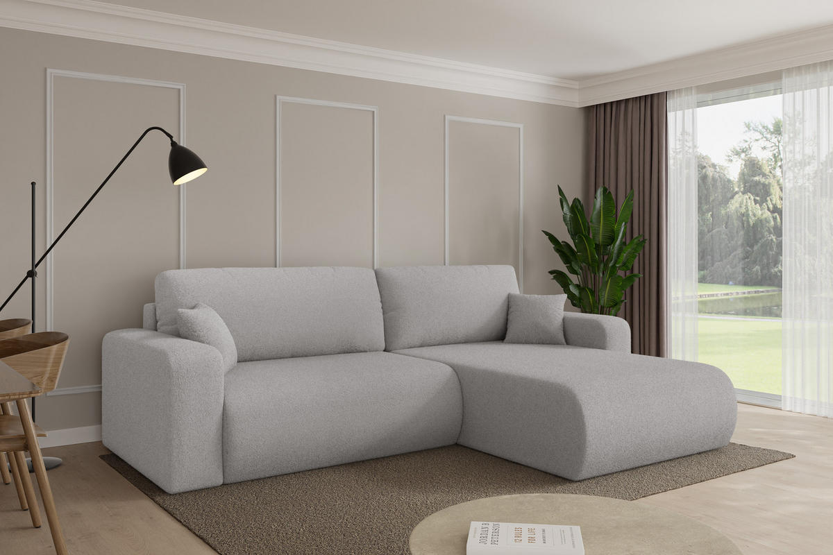 ROHOVÁ SEDAČKA s funkcí spaní, otoman vpravo BERY-L 276x193x88 světle šedá bouclé - černá/stříbrná, kompozitní dřevo/textil (276/193cm) - ALTDECOR