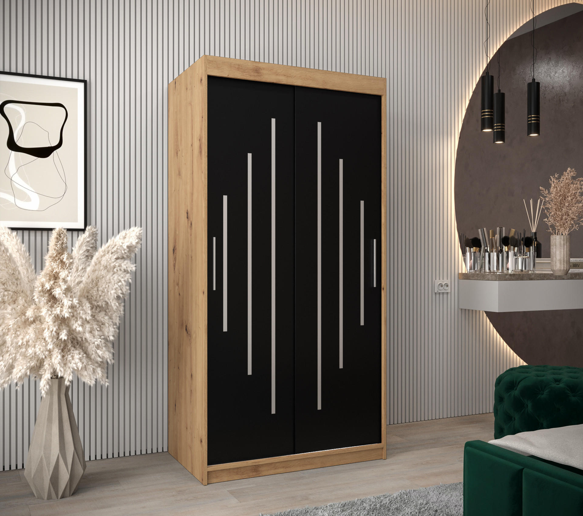 SCHWEBETÜRENSCHRANK 200/100/62 2-türig - Silberfarben/Schwarz, Holz/Kunststoff (100/200/62cm) - Abiks Möbel