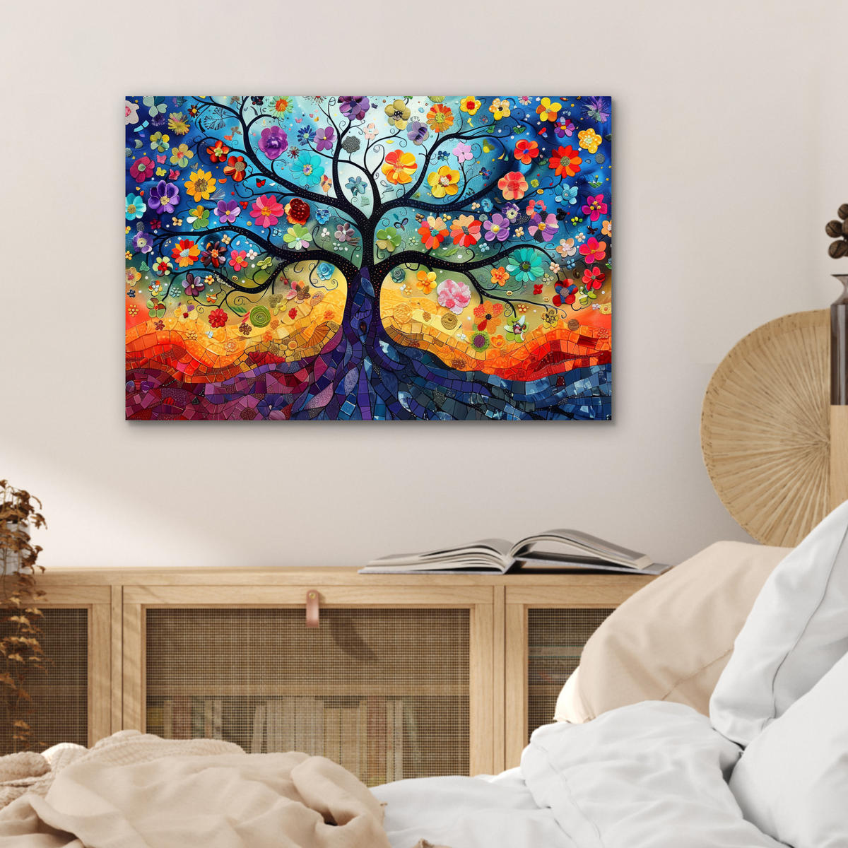 METALLBILD Kunst - Baum des Lebens - Blumen - Hippie 60x40 cm - Dunkelblau, Metall (60/40cm) - MuchoWow