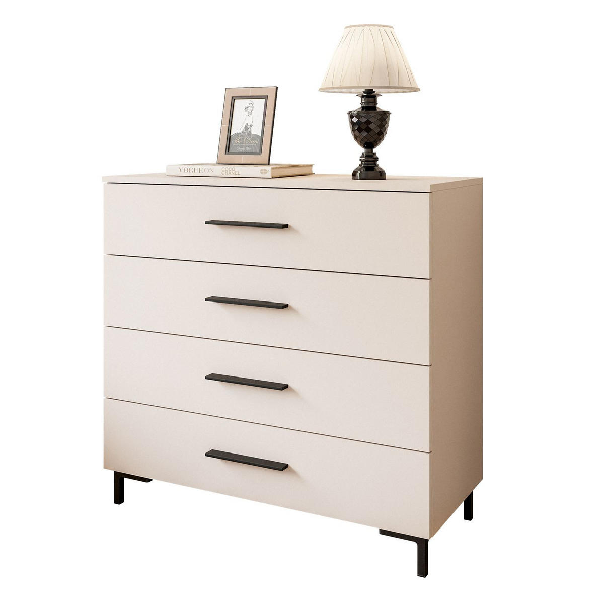 KOMMODE LINA KASCHMIR 4S mit Schubladen und LED-Beleuchtung Schwarze Beine und Griffe - Kaschmir/Schwarz, Holzwerkstoff (95/86/40cm) - Lookway
