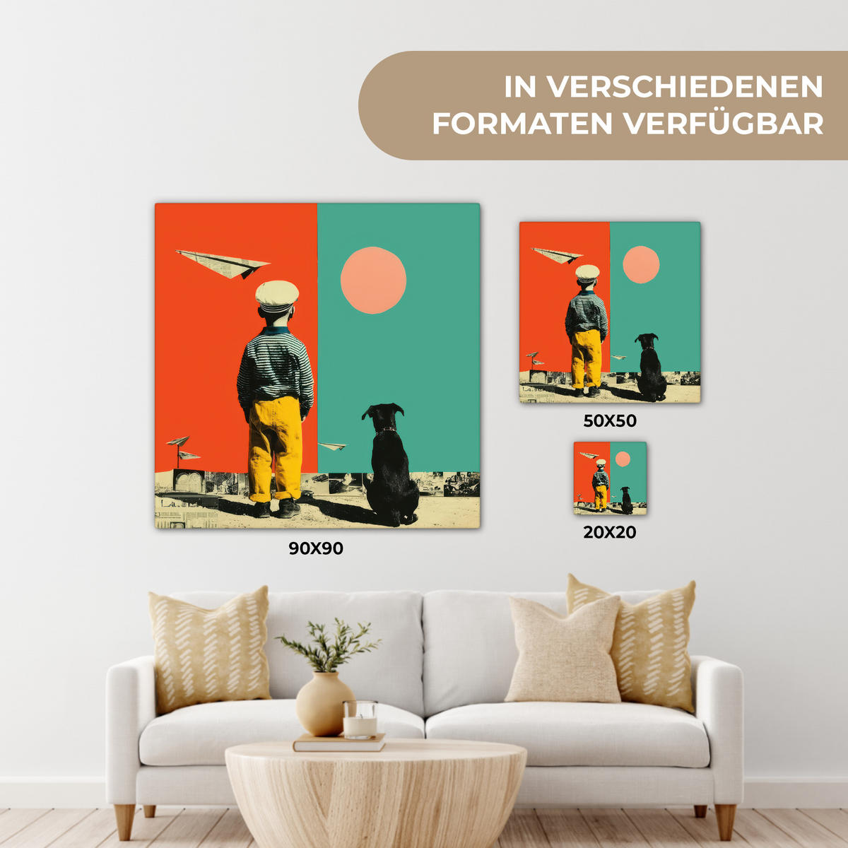 LEINWANDBILD Retro - Junge - Hund - Rot - Grün Wandbild Wohnzimmer 50x50 cm - Orange, Textil (50/50cm) - MuchoWow