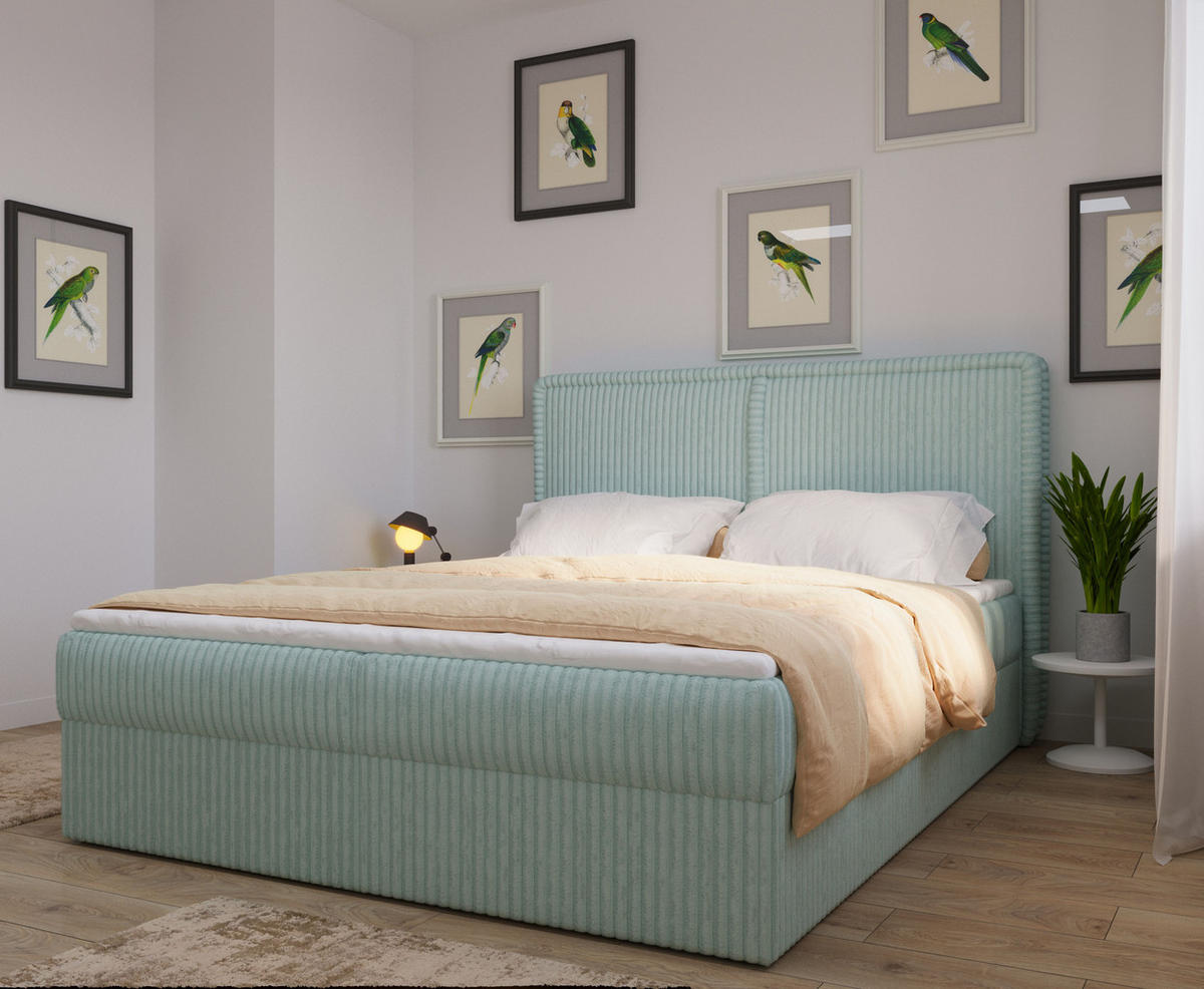 BOXBETT 04 180 x 200 cm - Ambience – Modernes Polsterbett mit Bettkasten, Topper und gepolstertem Kopfteil, Stoffbezug, Stauraumbett - Mintgrün, Holz (180/200cm) - ROYAL24_MARKT