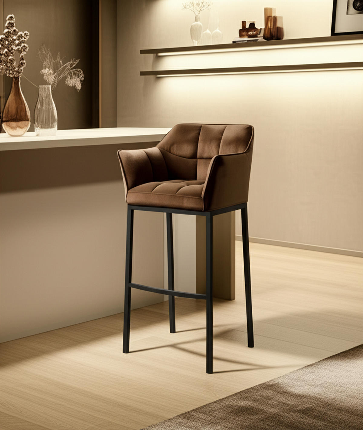 BARHOCKER Damaskus Samt mit 4-Fuß Gestell braun - Schwarz/Braun, Textil/Metall (64/110/48cm) - TPFLiving