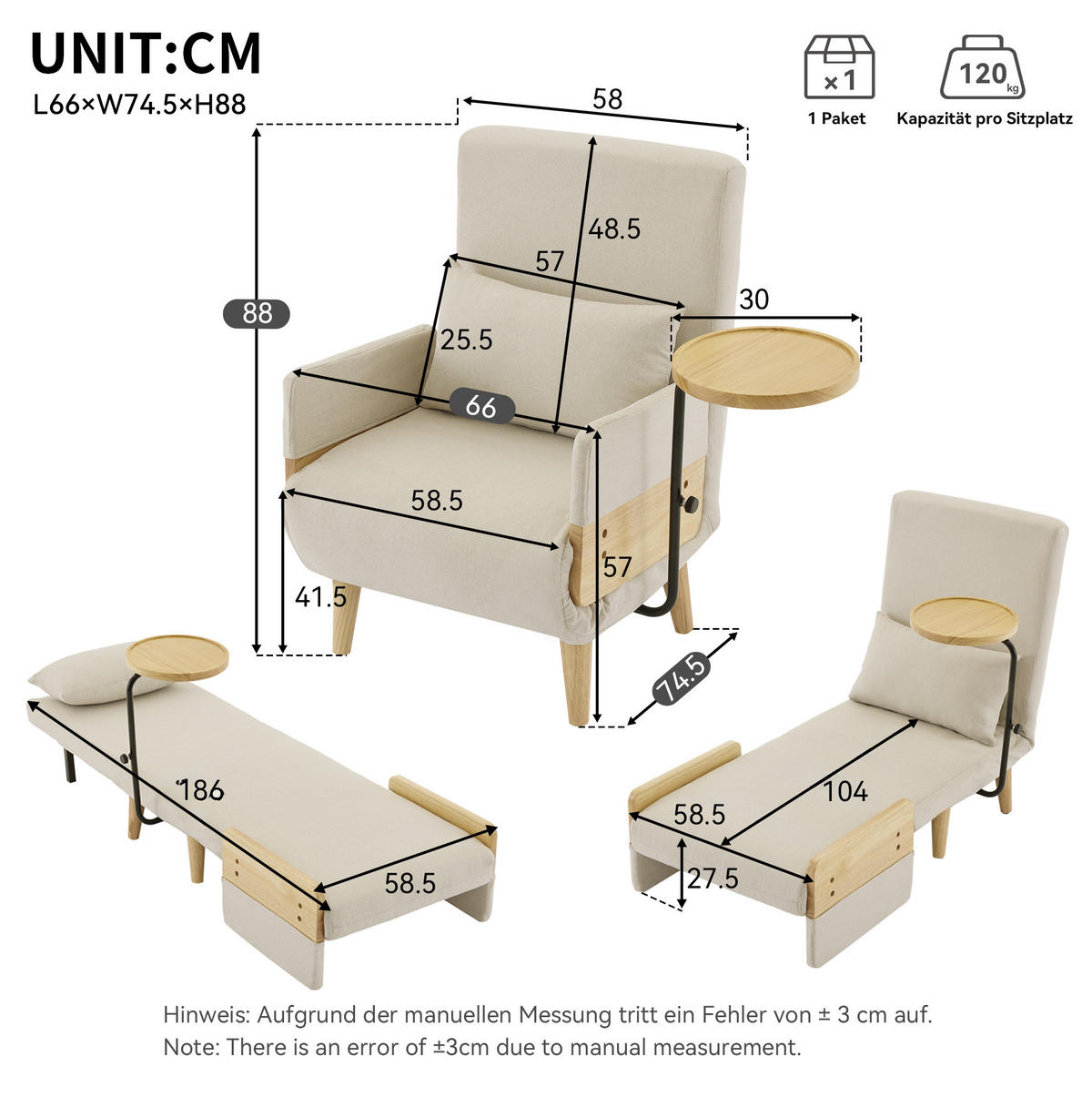 UMBAUSESSEL Leinen 3-in-1 mit 360 Grad Holztablett und verstellbarer Rückenlehne 88/74,5/66 cm Beige - Beige, Textil (88/74.5/66cm) - Redom