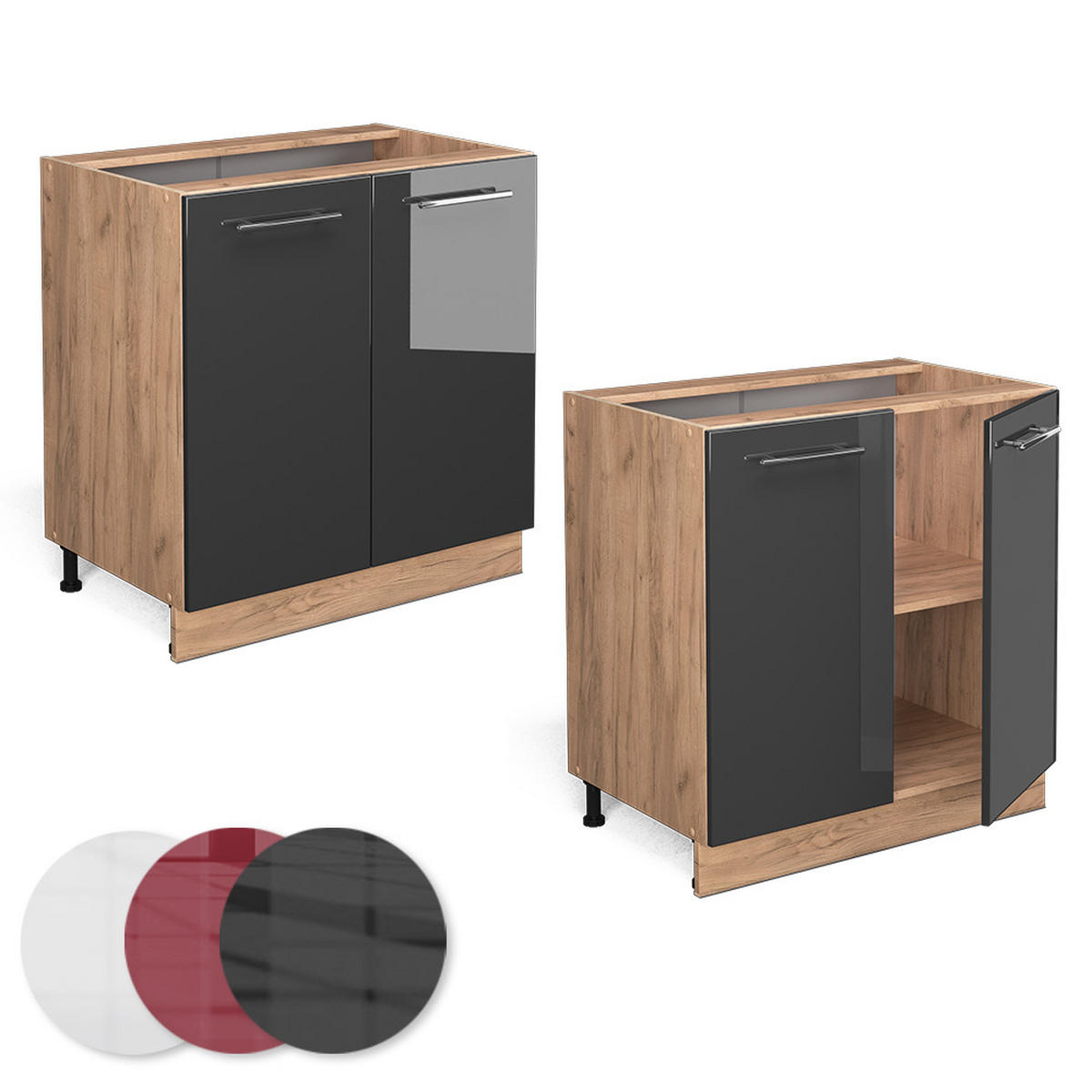KÜCHENUNTERSCHRANK Fame-Line Anthrazit Hochglanz 80 cm mit Regal, AP Anthrazit - Honigeiche/Schwarz Hochglanz, Holzwerkstoff (80/82/60cm) - Vicco