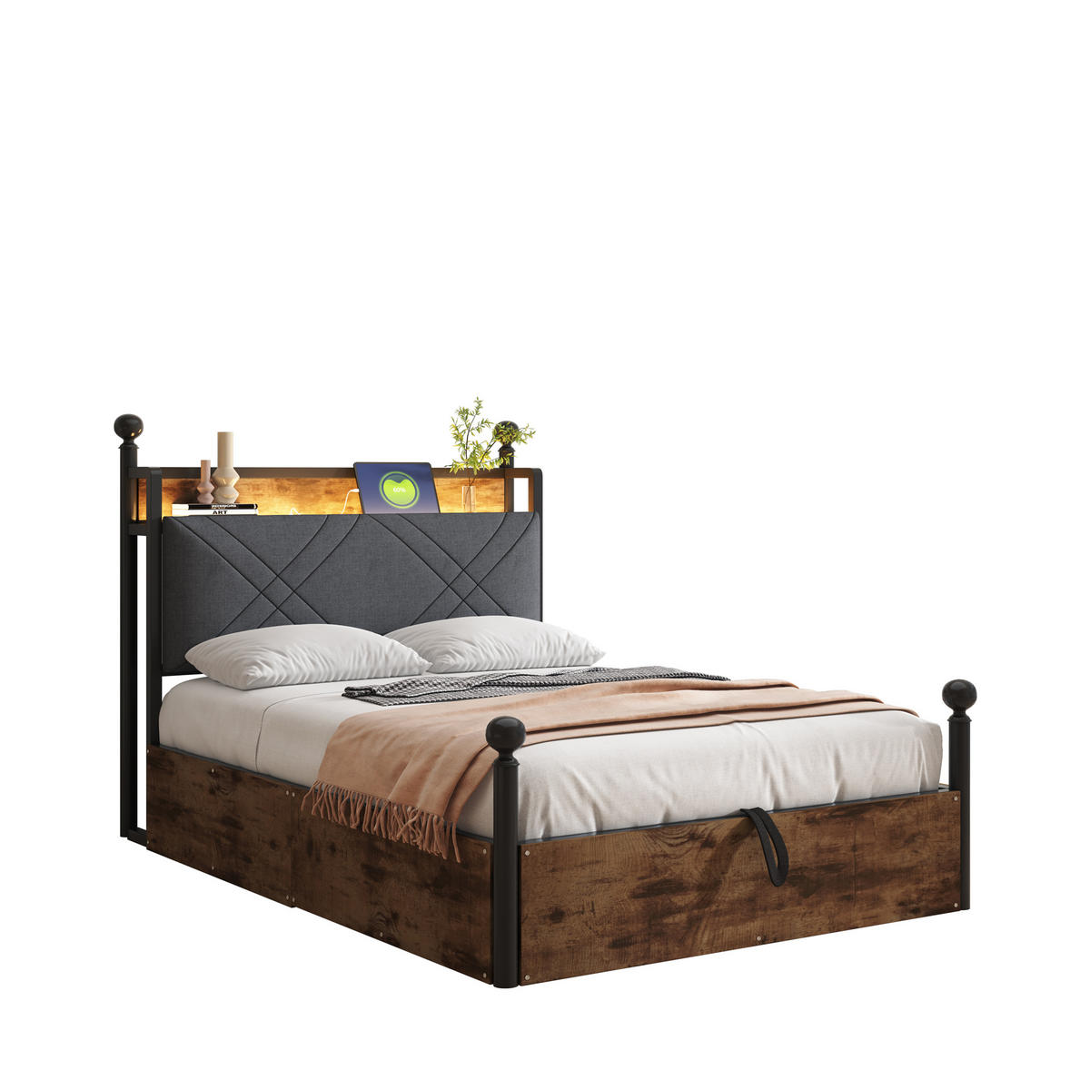 METALLBETT 90/190 cm schwarz mit hydraulischem Stauraum und LED-Beleuchtung - Schwarz, Metall (90/190cm) - OKWISH