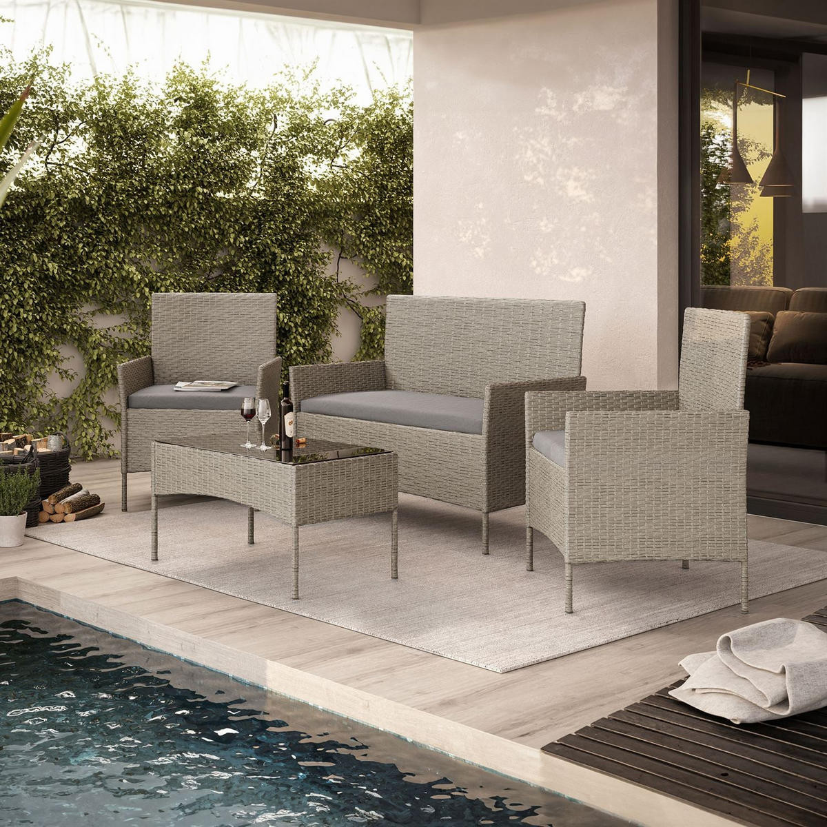 LOUNGEGARNITUR PERGOLA Rattan Gartenmöbelset - Grau, Kunststoff - Lookway