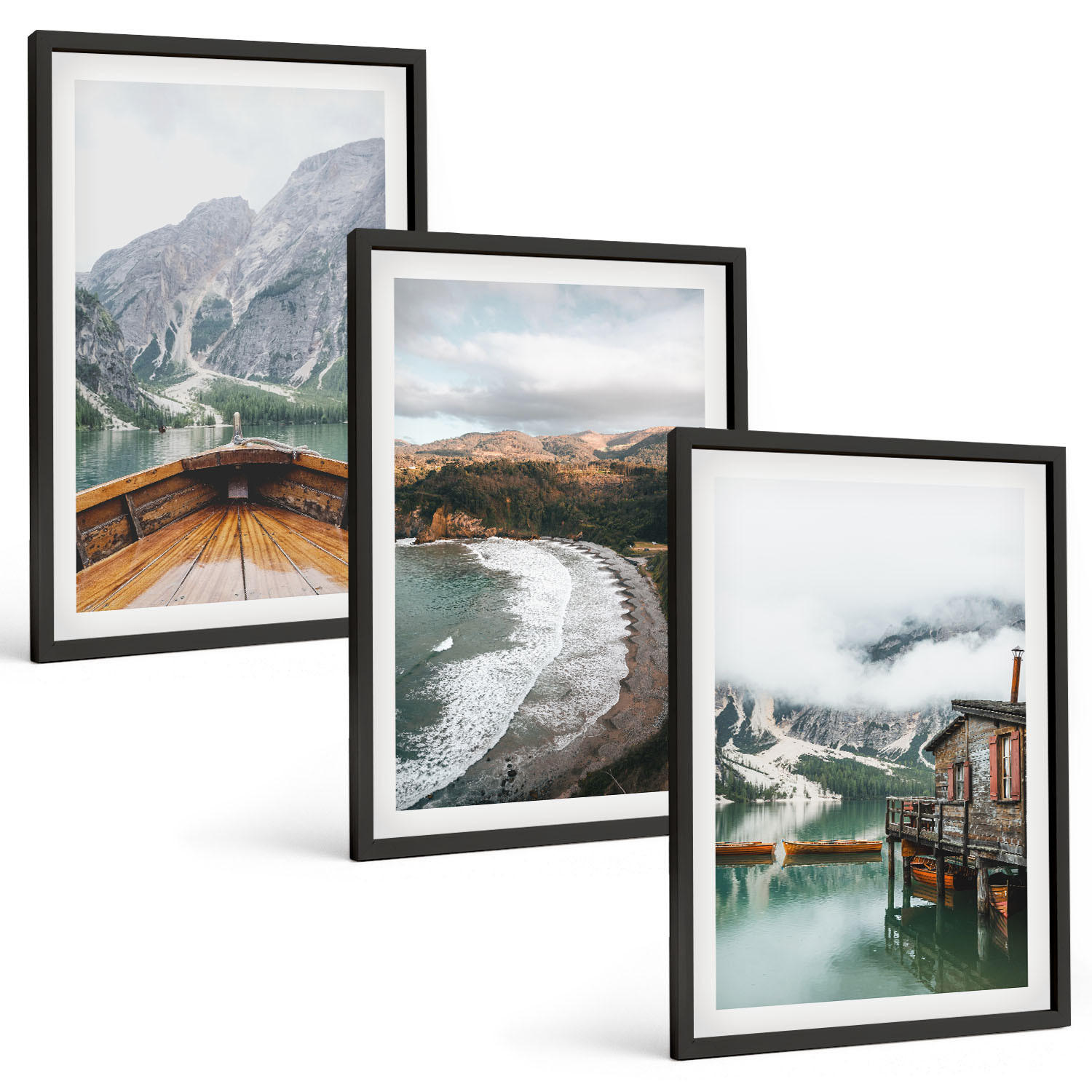 BILDER SET 3er Set - 40x60 cm Schwarzer Rahmen - Berge, See, Boot, Strand, Landschaft - Schwarz, Kunststoff (40/60cm) - TULUP