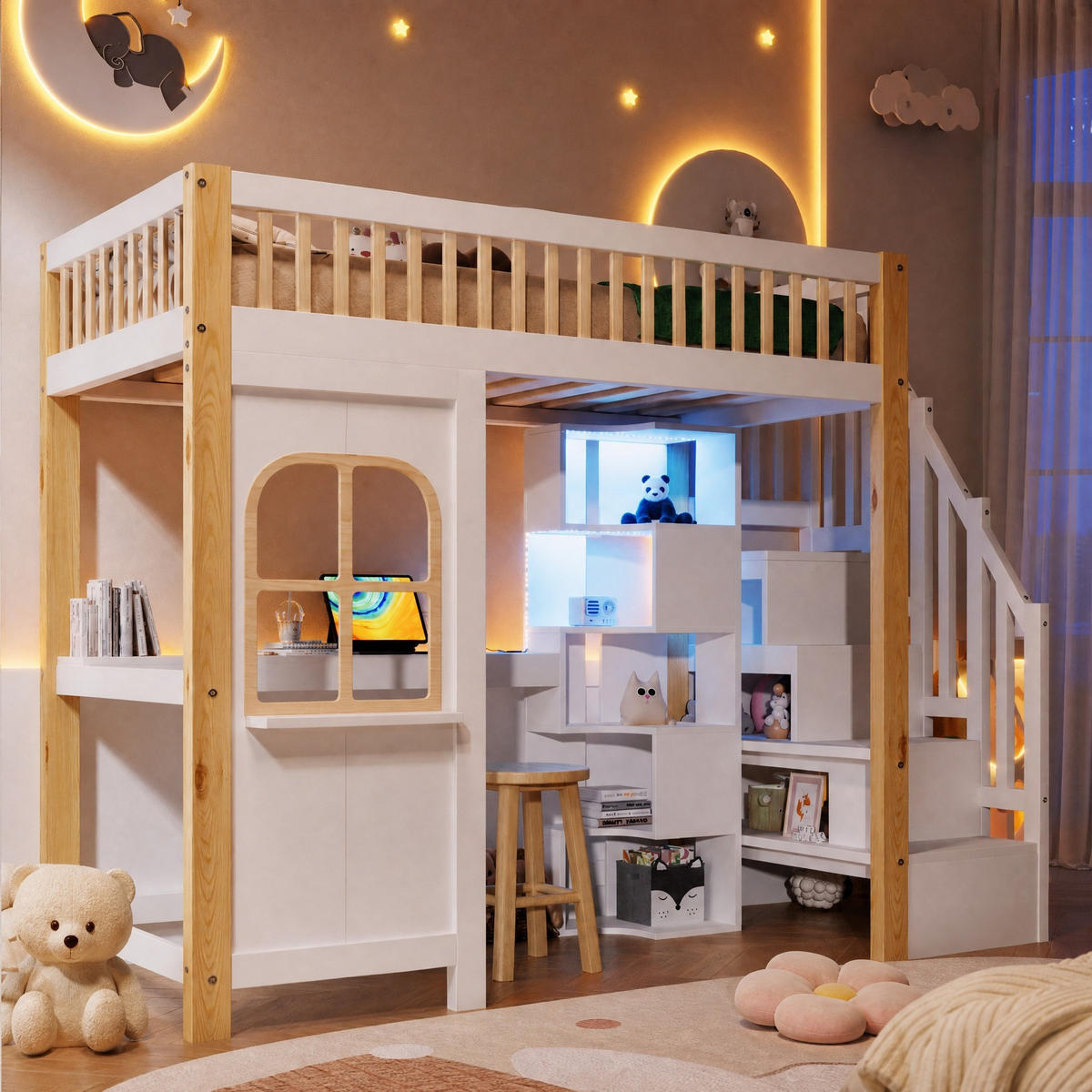HOCHBETT 90/200 mit LED, Schreibtisch, Ablageleiter und Steckdose in Weiß und Natur - Weiß/Naturfarben, Holz/Holzwerkstoff (90/200cm) - EVRYAE