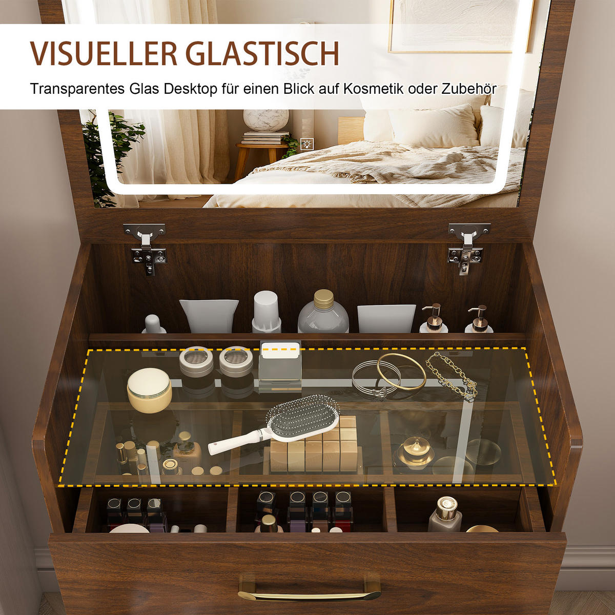 SCHMINKTISCH in Nussbaumfarben Frisiertisch mit Spiegel Glasplatte 3 Schubladen für Wohnzimmer B60/T40/H118cm - Nussbaumfarben, Glas/Holzwerkstoff (60/118/40cm) - STILVORA