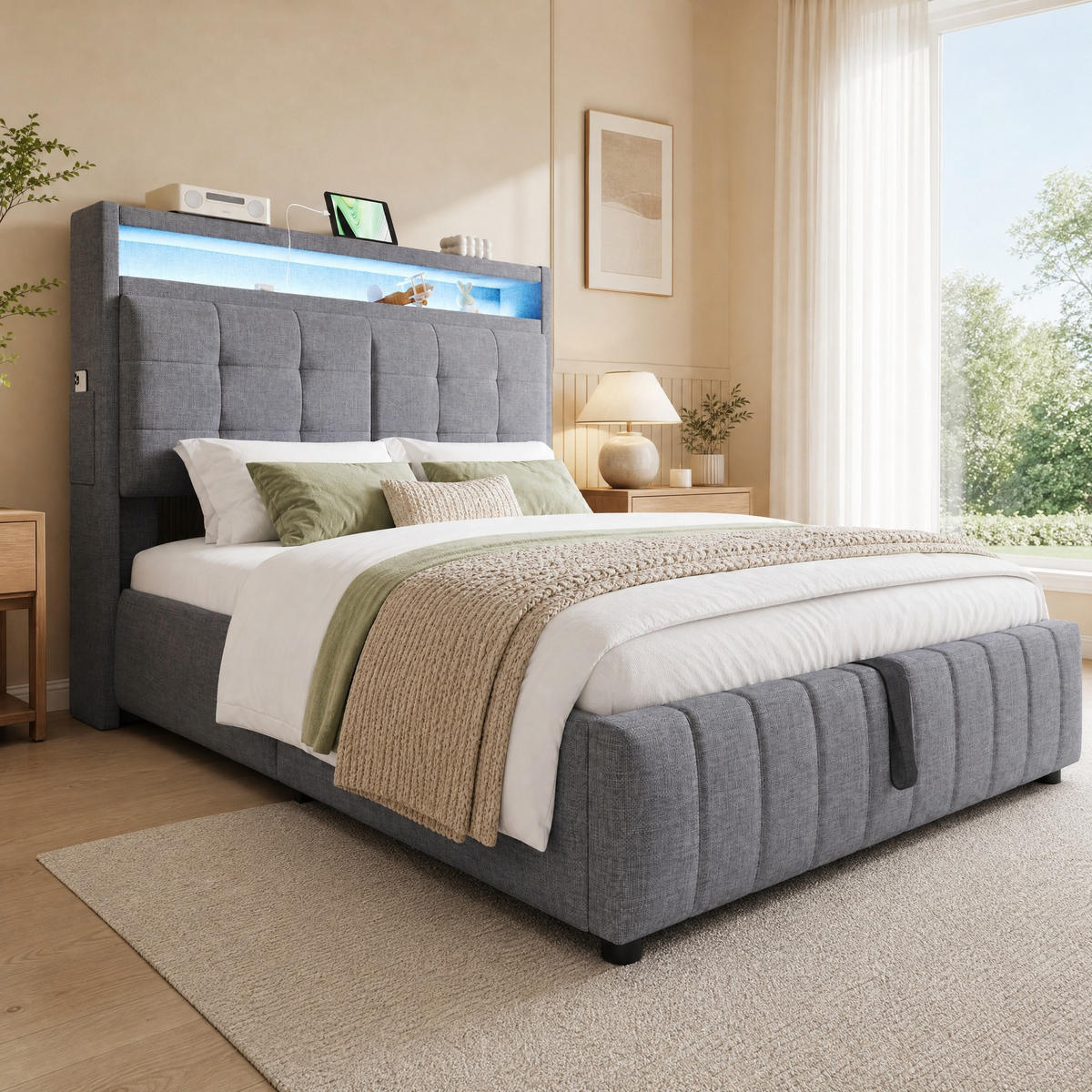POLSTERBETT 140/200 mit LED, Bettkasten, USB und Ablagefächern in Grau - Grau, Holzwerkstoff/Textil (140/200cm) - EVRYAE