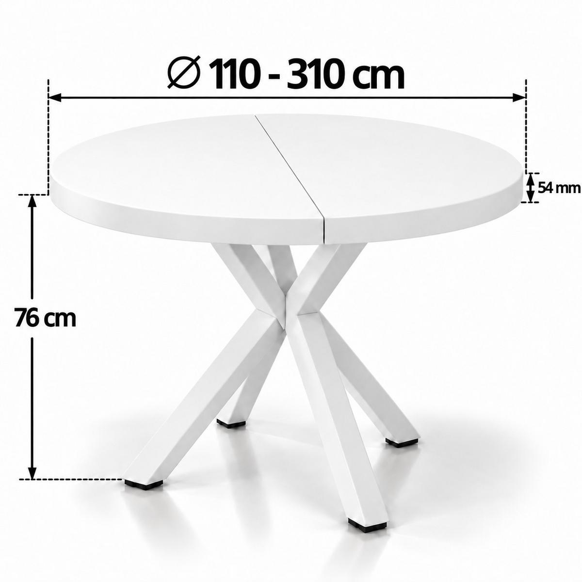 ESSTISCH rund ausziehbar 110-310/110/76 cm, Weiß, 54 cm Tischplatte + X Metallbeine Weiß - Weiß, Holzwerkstoff/Metall (110/110/76cm) - Damale Möbel
