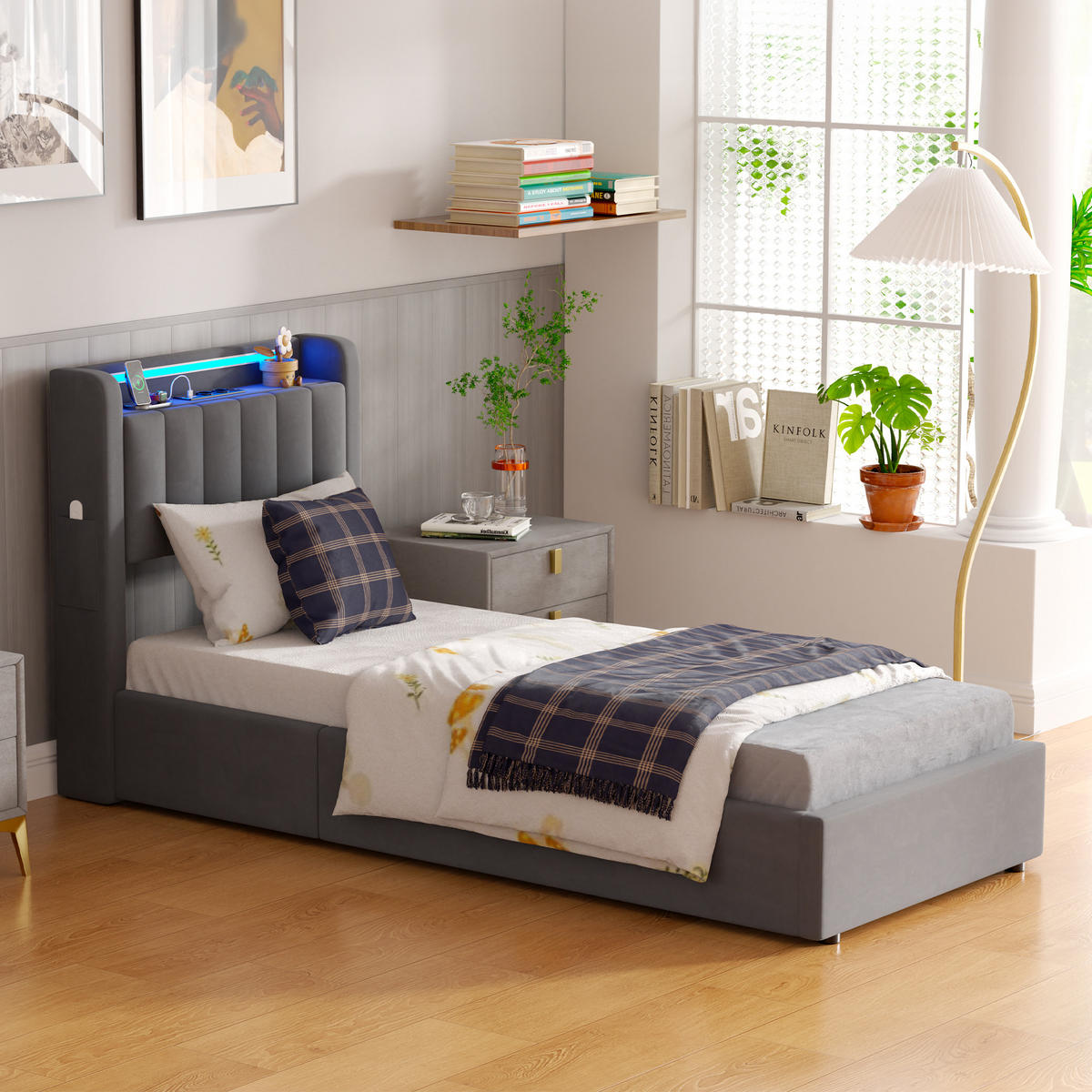 POLSTERBETT 90/190 cm Grau mit LED-Lichtleiste und USB-Anschlüssen - Grau, Holzwerkstoff (90/190cm) - OKWISH