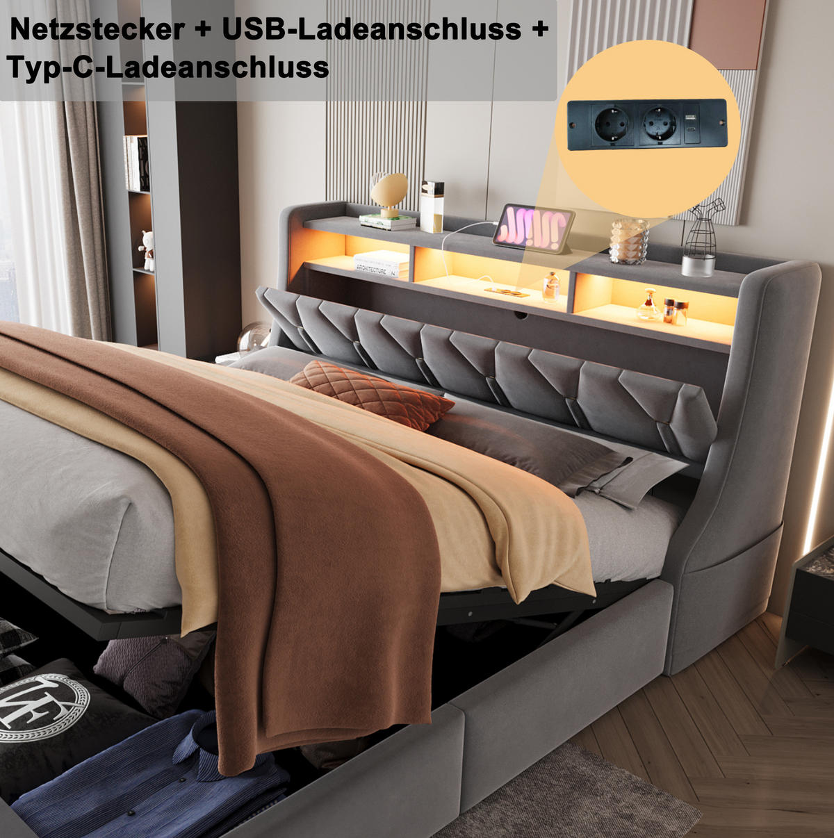 POLSTERBETT 180/200 cm mit LED-Beleuchtung, USB-, Typ-C-Anschluss und hydraulischem Stauraum, Grau - Grau, Textil (180/200cm) - Redom