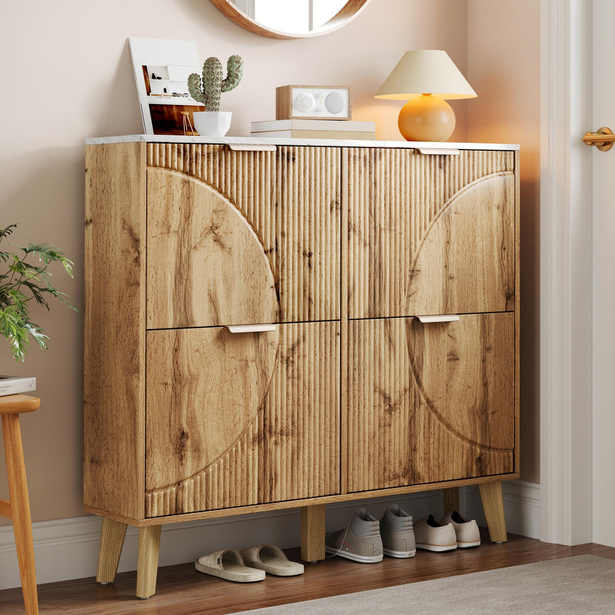 SCHUHSCHRANK 4 Türen Holzoptik Marmorplatte - Naturfarben, Holz (105/95.5/24cm) - LEBENLANG