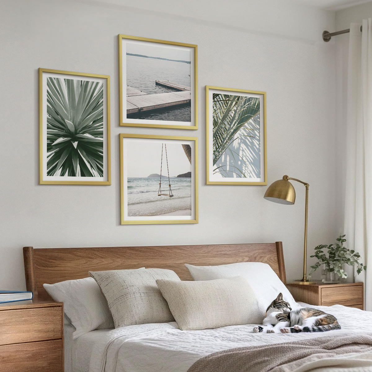 WANDBILDER 4er Set - 50x50 cm & 40x60 cm Goldrahmen - Hängebrücke aus Palmenblättern - Goldfarben, Kunststoff (50/50cm) - ArtPrintCave