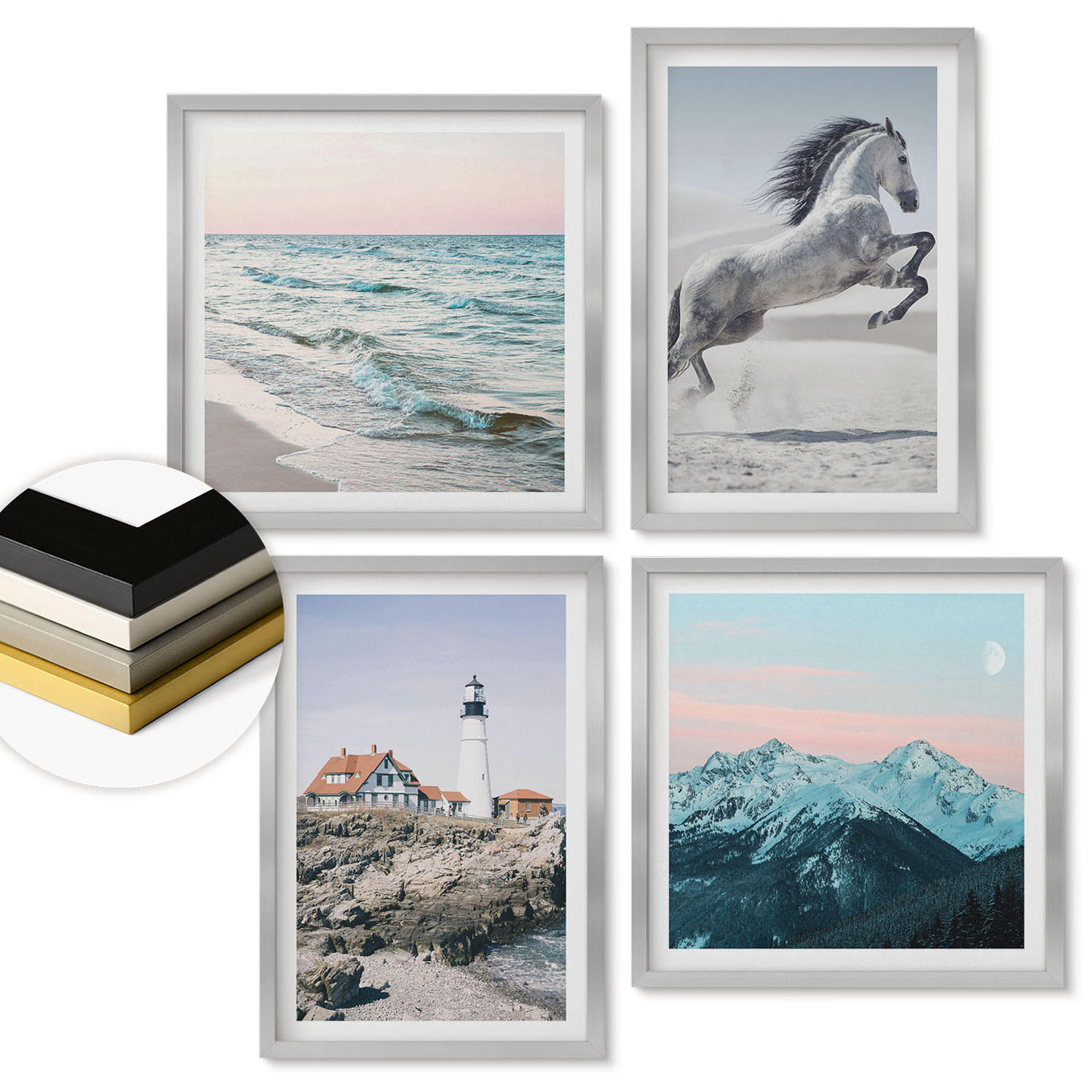 WANDBILDER 4er Set - 50x50 cm & 40x60 cm Silberner Rahmen - Pferde, Bewegung, Strand, Leuchtturm, Berge - Silberfarben, Kunststoff (50/50cm) - ArtPrintCave