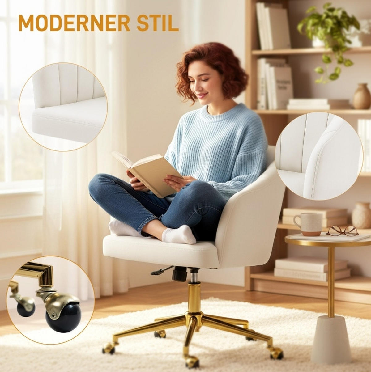 BÜROSTUHL höhenverstellbar drehbar Polyester Cream White - Weiß, Kunststoff (60/92.5/61cm) - Meubliv