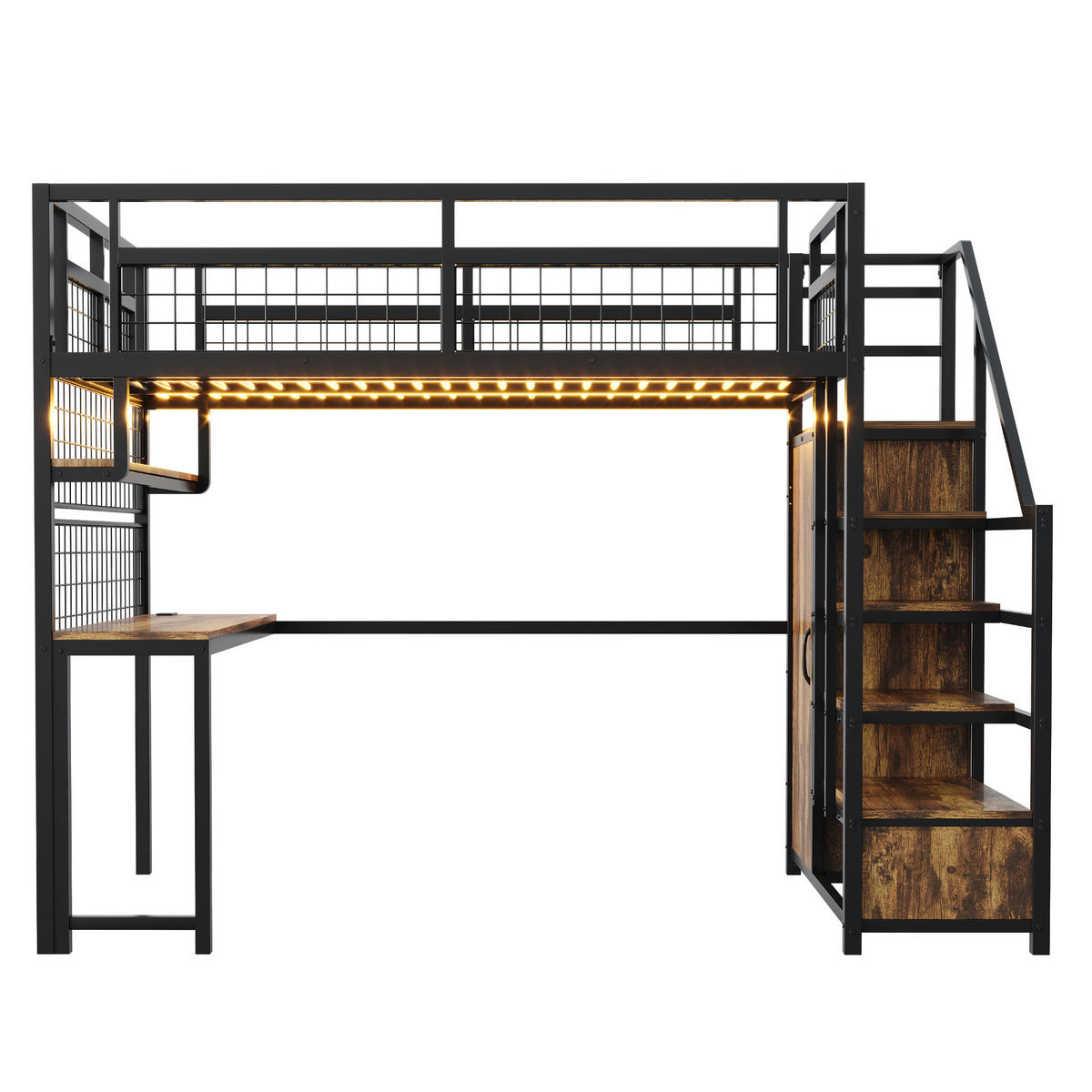 HOCHBETT 140/200 cm DE-01675, in Schwarz, mit Lichtleiste, Steckdose, Stauraumleiter und Schreibtisch - Schwarz, Metall (140/200cm) - ComfortXL