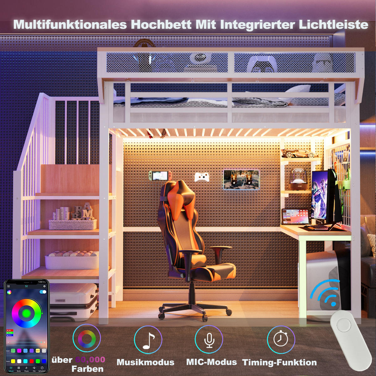 HOCHBETT 90/200 cm in Weiß mit Schreibtisch, Regal, LED und Steckdose - Weiß, Holzwerkstoff/Metall (90/200cm) - STILVORA