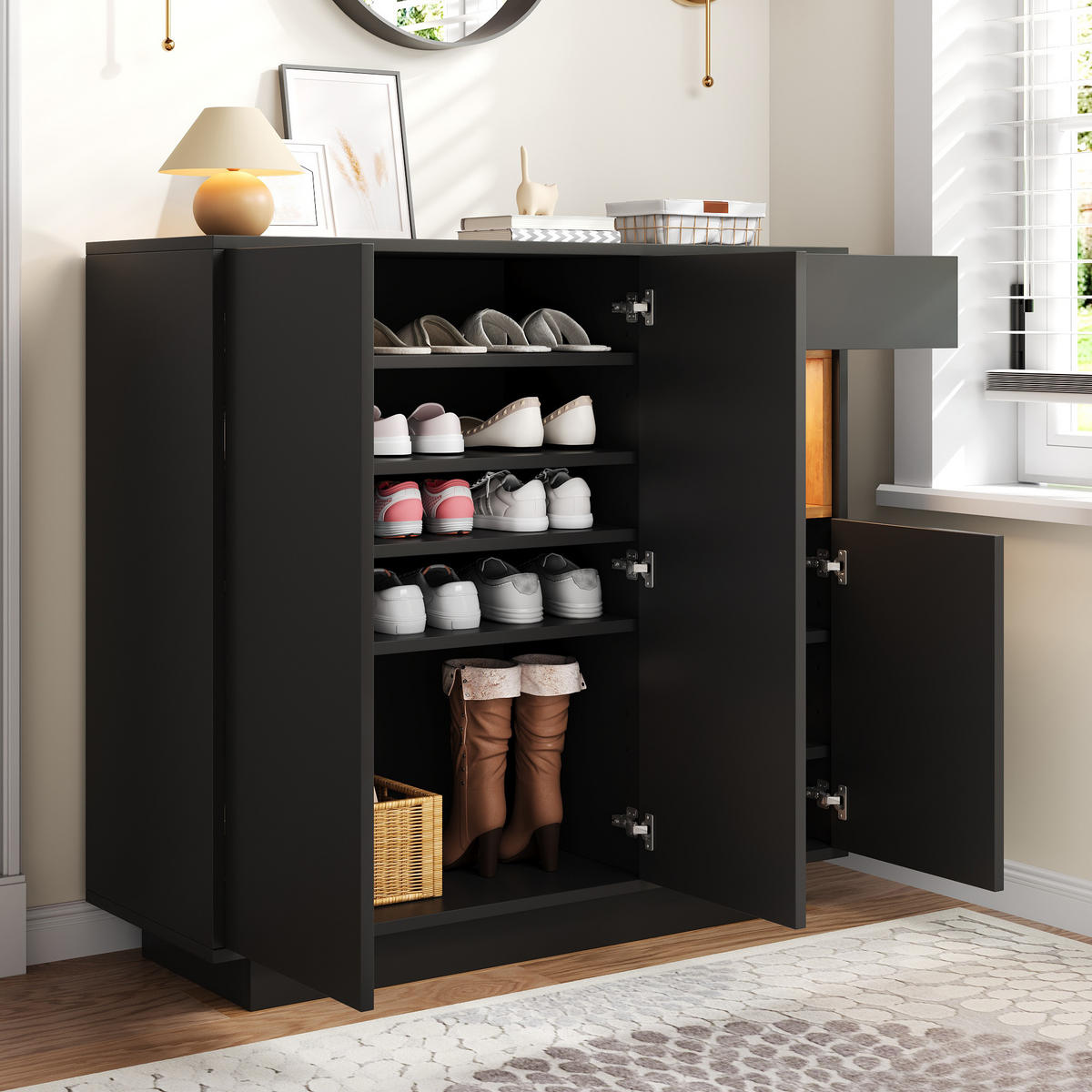 SCHUHSCHRANK DE-37577 105/39,5/100,5 cm mit LED-Beleuchtung Schwarz - Schwarz, Holzwerkstoff (105/100.5/39.5cm) - ComfortXL