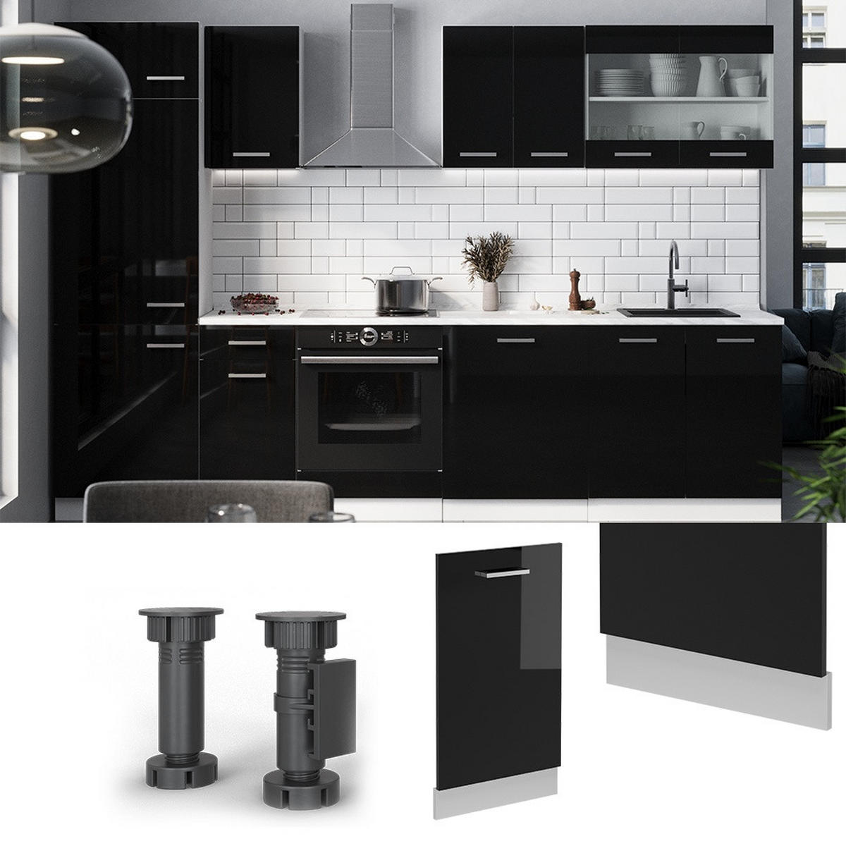 ČELNÍ PANEL MYČKY R-Line Černý vysoký lesk 45 cm , PD Dub - bílá/vysoce lesklá černá, kompozitní dřevo (45/81.8/1.6cm) - Vicco