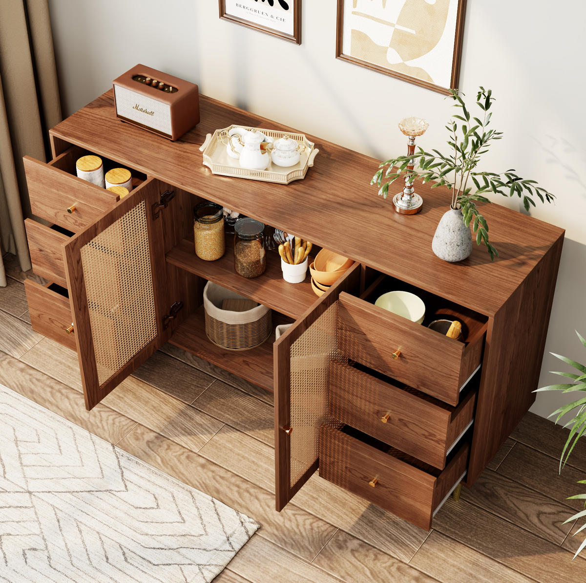 SIDEBOARD 160/40/90 cm aus MDF mit Rattantüren Natur - Eichefarben, Holzwerkstoff (160/90/40cm) - Modenvie