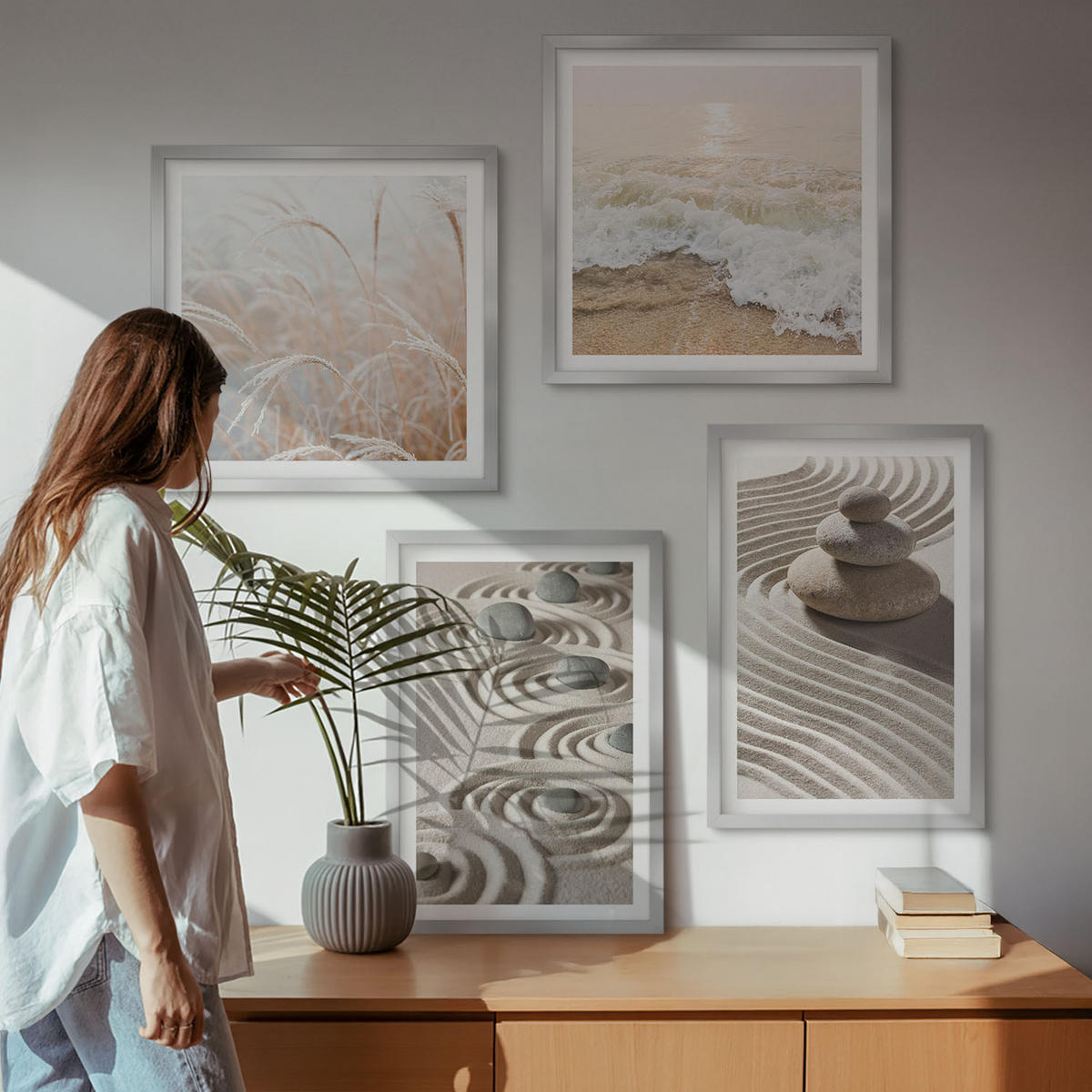 BILDER SET 4er Set - 50x50 cm & 40x60 cm Silberner Rahmen - Wellen, Sand, Wasser, Steine, Strand - Silberfarben, Kunststoff (50/50cm) - TULUP
