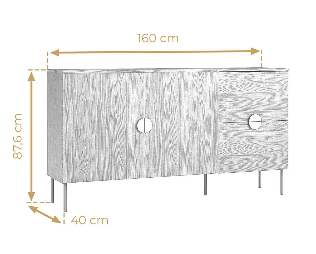 SIDEBOARD Brunelli 2T 2S Eiche Baltic 160/87,6/40 cm – mit geräumigen Schubladen - Eichefarben/Schwarz, Holzwerkstoff/Metall (160/87.6/40cm) - AX Living