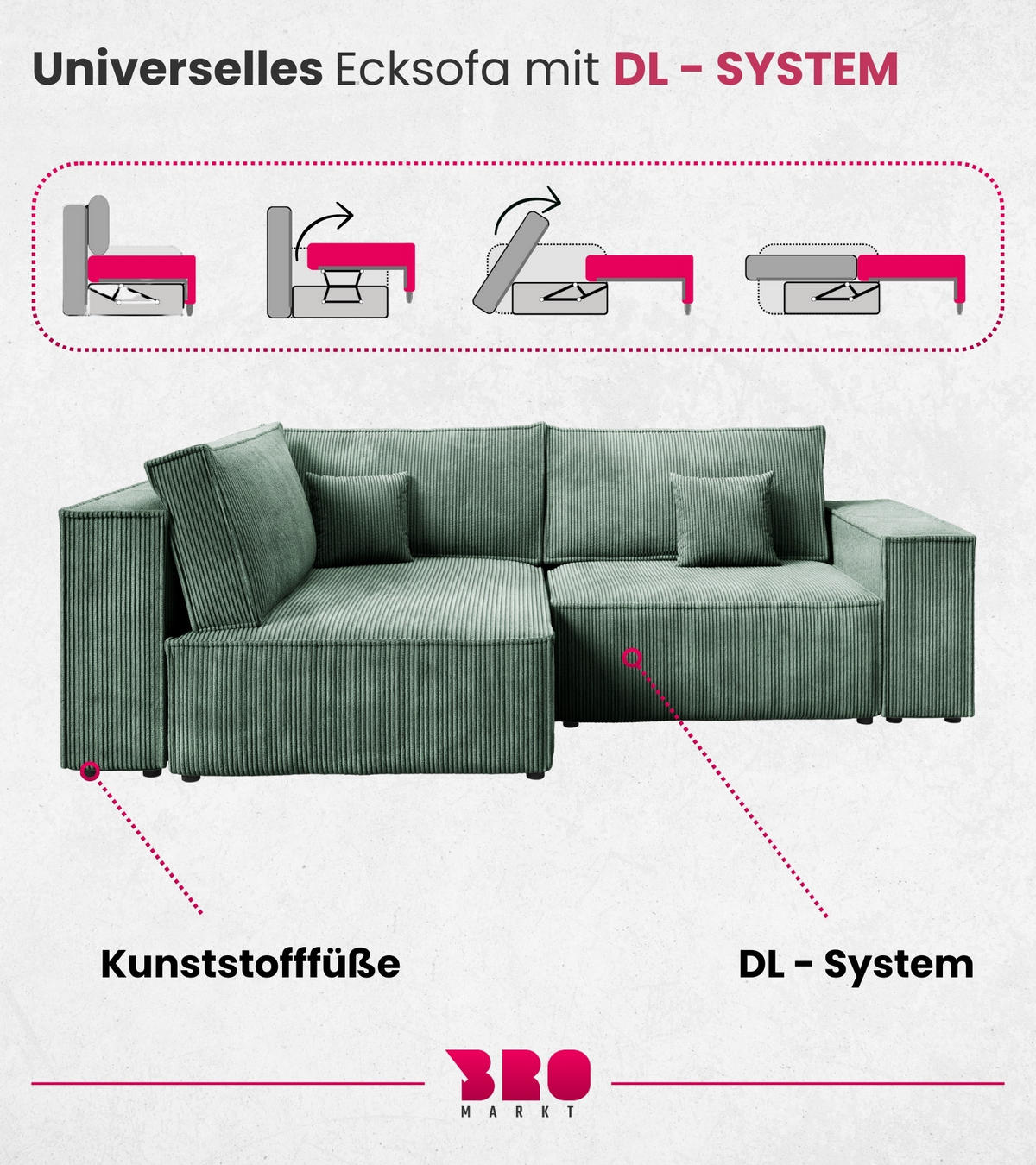 ECKSOFA Pedro Duo mit Schlaffunktion Grün Cord - Grün, Textil (246/153cm) - Bromarkt