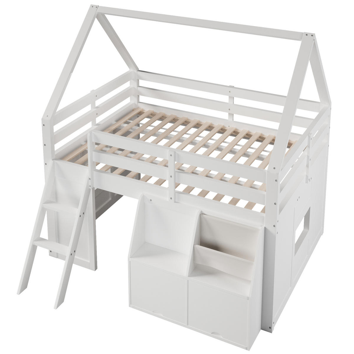 HOCHBETT aus MDF und Kiefernholz 140x200 cm Weiß mit Treppe, LED-Beleuchtung und Stauraum - Weiß, Holz (140/200cm) - IVMEU