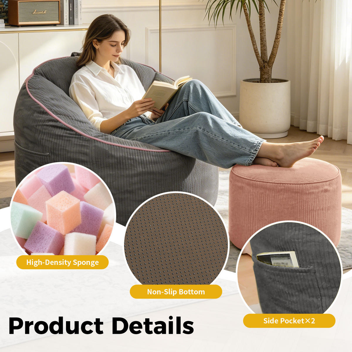SITZSACK mit Seitentasche und Hocker Grau Flanell - Grau, Kunststoff (95/80/103cm) - Meubliv