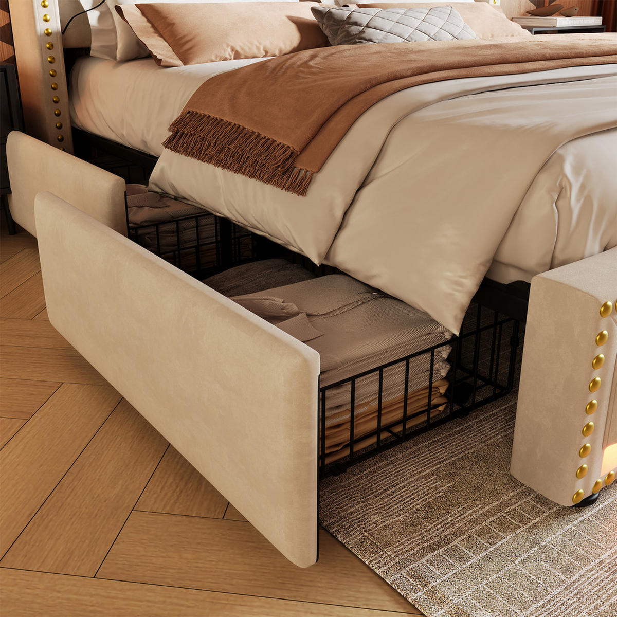 POLSTERBETT 140X200 cm mit LED-Beleuchtung, USB C,Lattenrost,Schubladen,Matratze - Beige, Holz (140/200cm) - FLIEKS