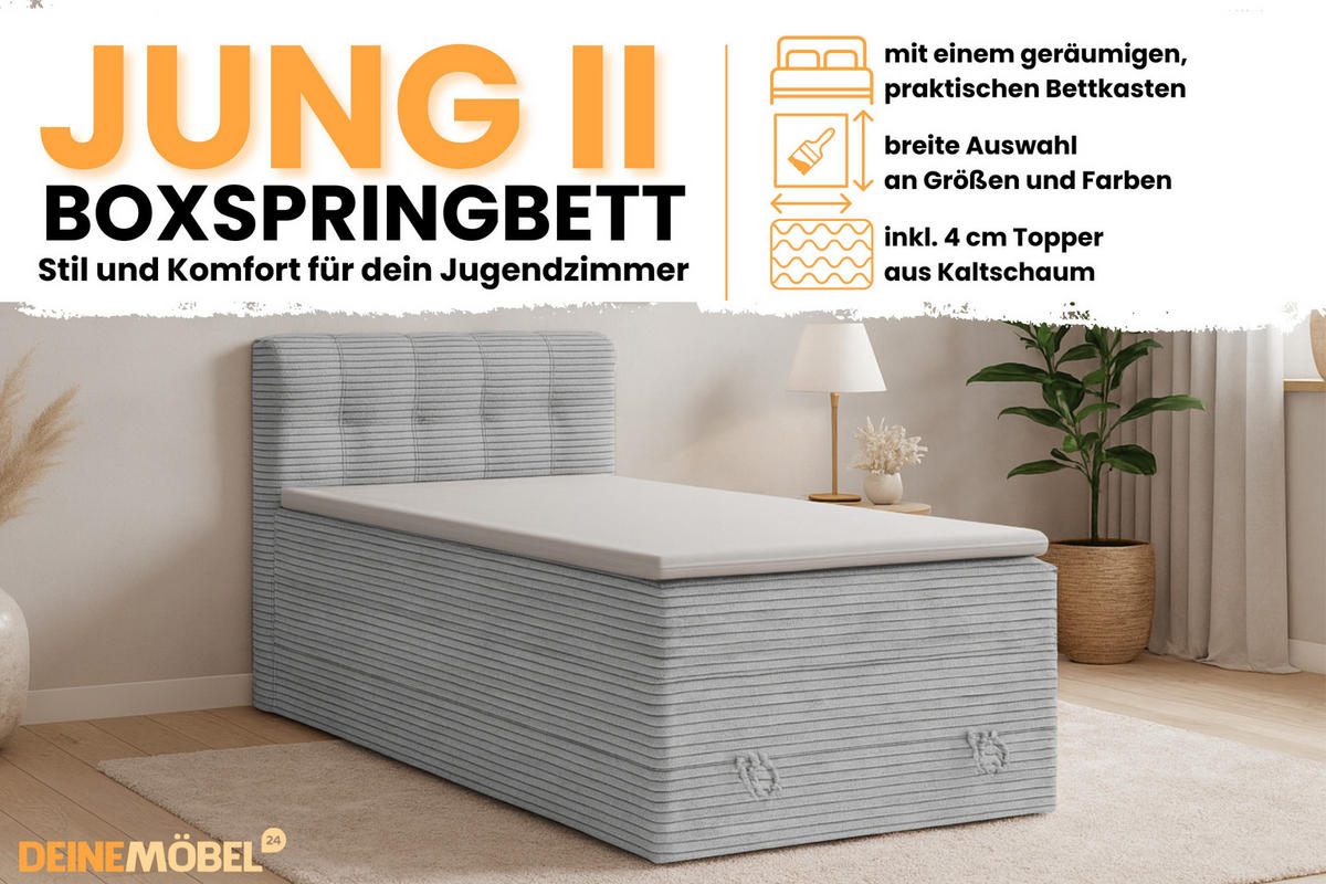 BOXSPRINGBETT JUNG 2 100/200 Cord Hellgrau mit Matratzen H3 + H4 - Hellgrau, Holz/Holzwerkstoff (100/200cm) - Deine Möbel 24
