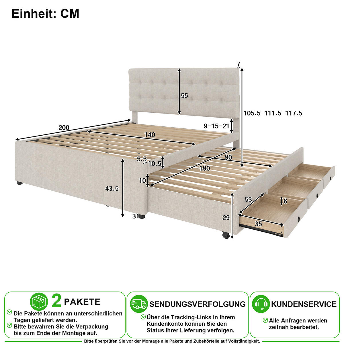 POLSTERBETT 140/200 cm in Beige mit 3 Schubladen, ausziehbar, höhenverstellbares Kopfteil aus Leinen - Beige, Holzwerkstoff/Textil (140/200cm) - CHICFURN
